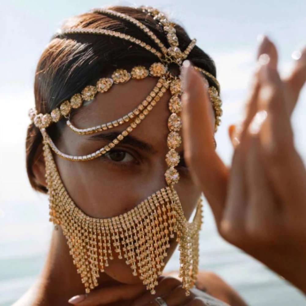 Rhinestone Fringe Jewelry Chain Mask Halloween Headpiece Accessories for Women - Picture 2 of 11